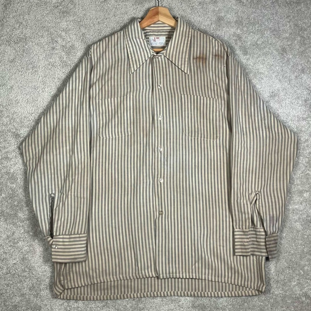Vintage 70s Big Donlin Mens Striped Work Shirt Long Sleeve Grey Tan 16-16.5 L